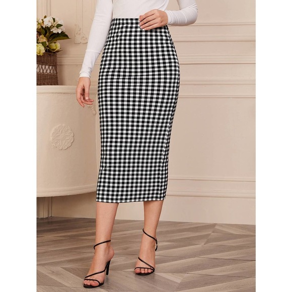 Gingham plaid Pencil midi Skirt black white